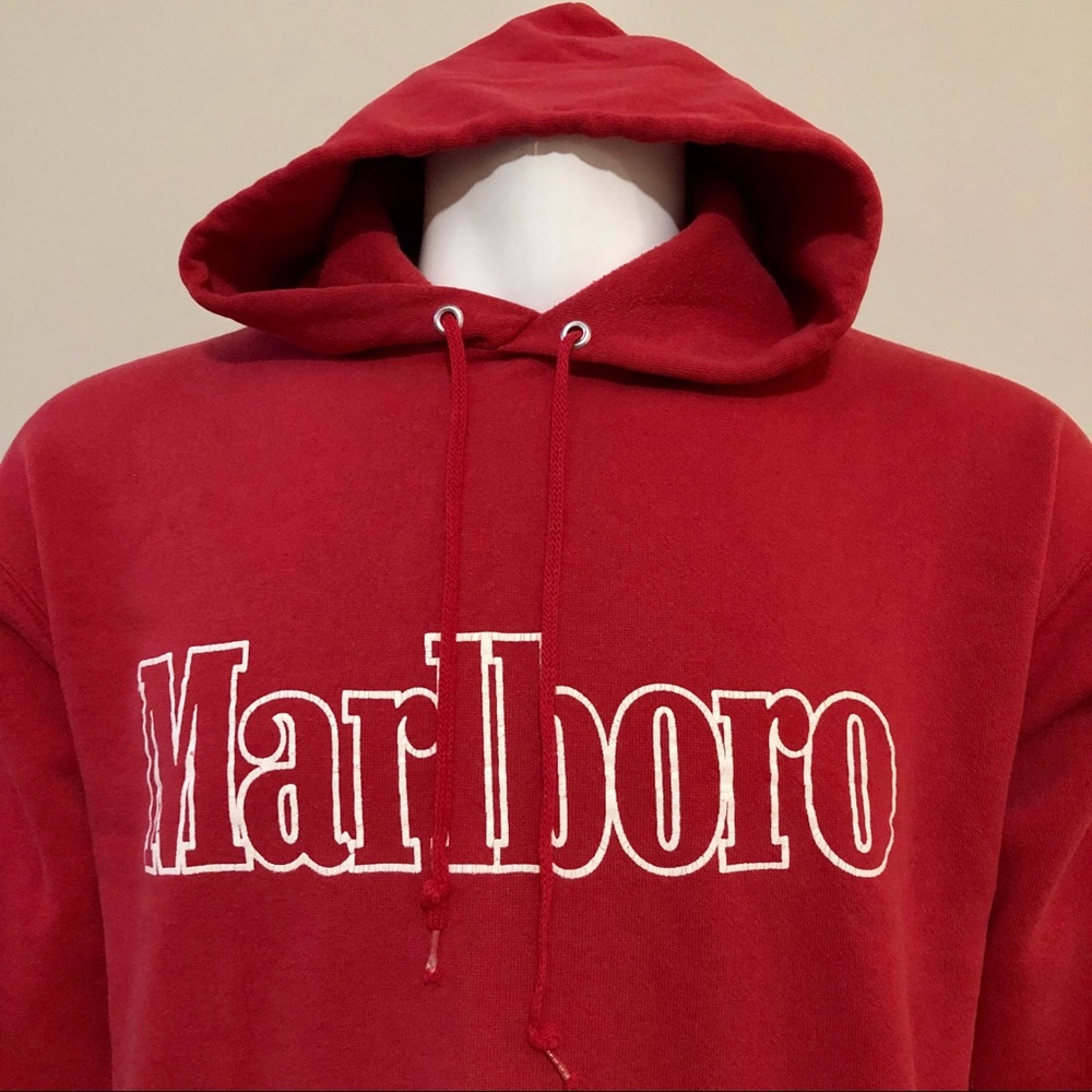 Vintage 90s Marlboro Hooded Red Sweatshirt Hoodie - Picture 4 of 8